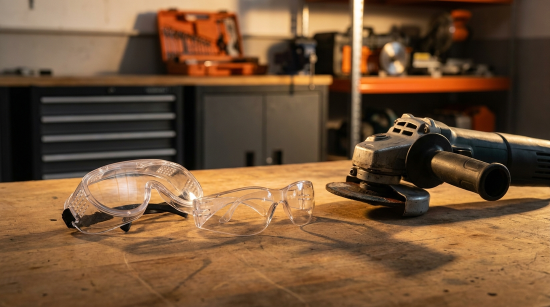 Veiligheidsbril versus goggle op werkbank