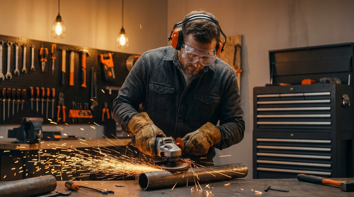 PBM's bij slijpen: bril, gehoorbescherming en handschoenen