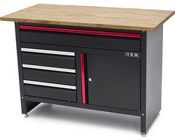 120 cm Werkbank met 4 Laden , 1 Deur en Houten Blad - Zwart