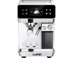 LUND 68503 Premium Pistonmachine – Espressomachine met Automatische Melkopschuimer – 20 Bar – Voor Gemalen Koffie & ESE Pads – 8 Programma's – RVS