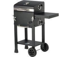 Charcoal Grill Deluxe Houtskoolbarbecue met Deksel - 39,5 x 29,5 cm - Verstelbaar Grillrooster - Ingebouwde Thermometer, Warmhoudrek & Wielen - Zwart