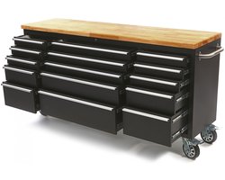 182 cm. Professionele Gereedschapswagen / Werkbank met Houten Blad - ZWART