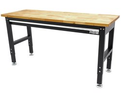 In hoogte verstelbare werkbank met massief houten werkblad en lade 152 cm