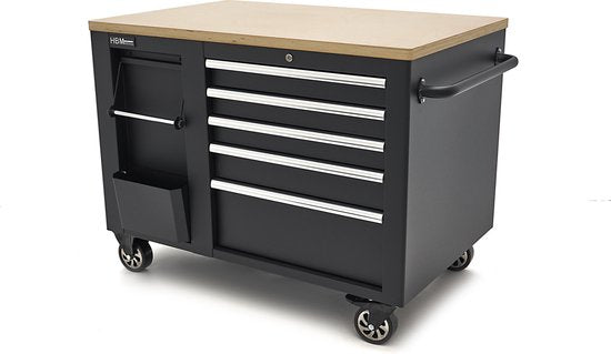 Verrijdbare Gereedschapswagen, Werkbank 114 cm met houten werkblad, zwart Werkstation