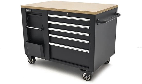 Verrijdbare gereedschapswagen, werkbank 114 cm met houten werkblad, zwart