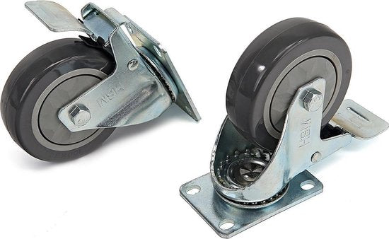 4 Stuks Profi 100 mm. Zwenkwiel met Voetplaat en Rem