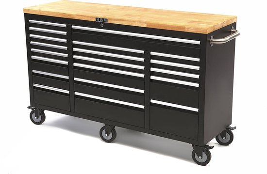 Verrijdbare gereedschapswagen met houten werkblad - 146 cm - zwart