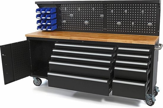 215 CM. Gereedschapswagen / Werkbank met Houten Werkblad incl Achterwand