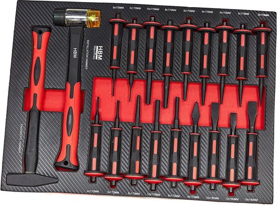 20 Delige Hamer en Doorslagenset in Carbon Foam inlay voor Gereedschapswagen