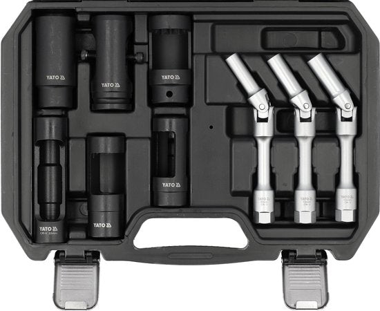 Professionele Gloeibougie & Verstuiver Doppenset - 9-delig - 3/8" & 1/2" - Met Flexibele Gewrichtdoppen - CrMo & CrV Staal - Universeel voor Dieselmotoren