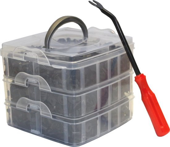 Automotive Autoclips - overzichtelijke Box met 630 clips + (de)montagetang - Fasteners - Bekleding Clips assortiment - 3 laags Box met 16 compartimenten - Fender clips
