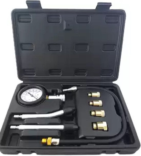 Compressiemeter met compressie tester meter voor benzine nauwkeurige metingen in kleppen, zuigerveren, cilinderboringen of koppakkingen.