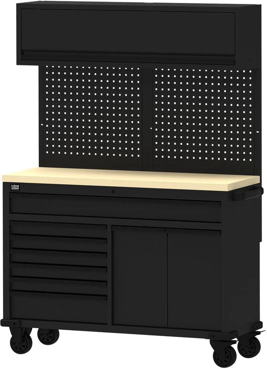 Verrijdbare werkbank 136 cm met 7 laden en bovenkast, zwart