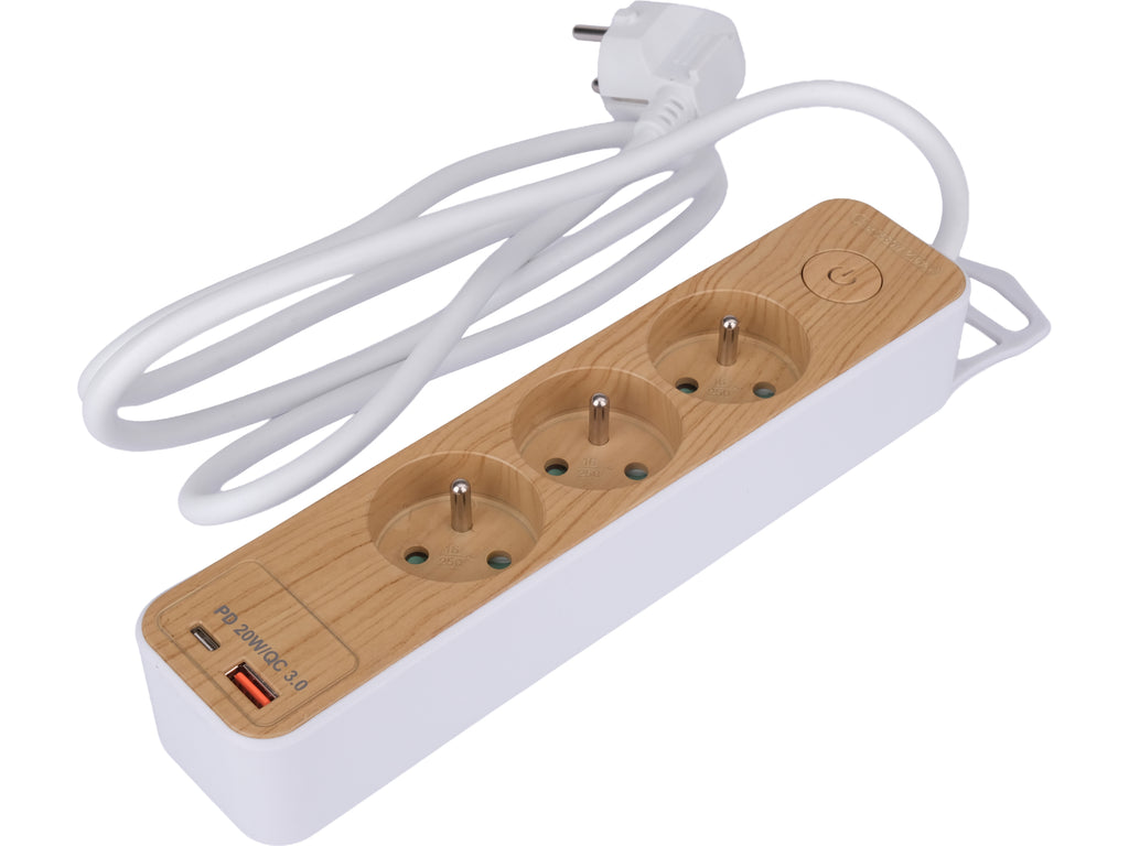 Power Strip USB Wood With Ground 3S 1.4M