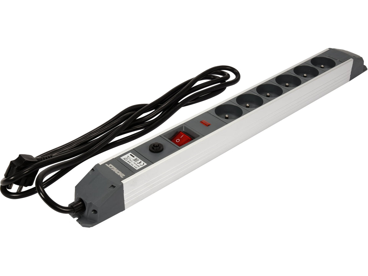 Verlengsnoer Stroomstrip In Aluminium Behuizing Met Overspanning- En Overbelastingsbeveiliging, 6 Stopcontact Met Aardingschakelaar