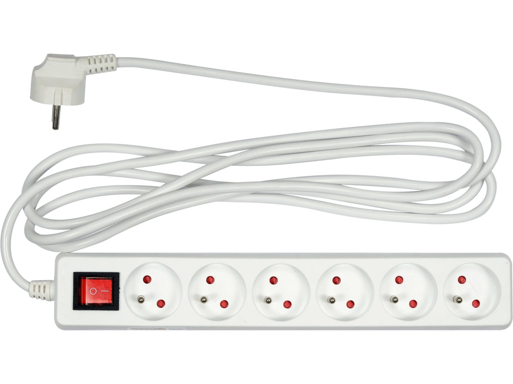 Elektrisch Verlengsnoer, Wit, 6 Stopcontact Met Aarding, 3M Met Schakelaar