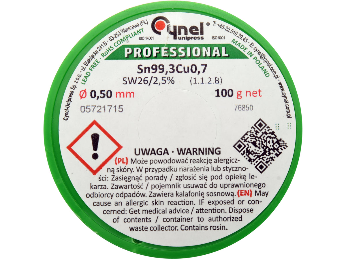 Bindmiddel, Loodvrij Soldeerdraad Met Vloeistof Op Spoel 0,5MM, 100G, Sn99,3cu0.7