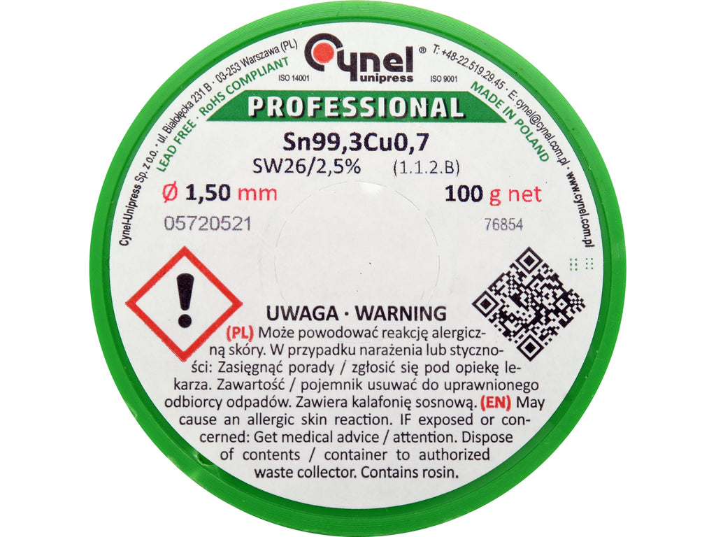 Bindmiddel, Loodvrij Soldeerdraad Met Vloeistof Op Spoel 1.5MM, 100G, Sn99,3cu0.7