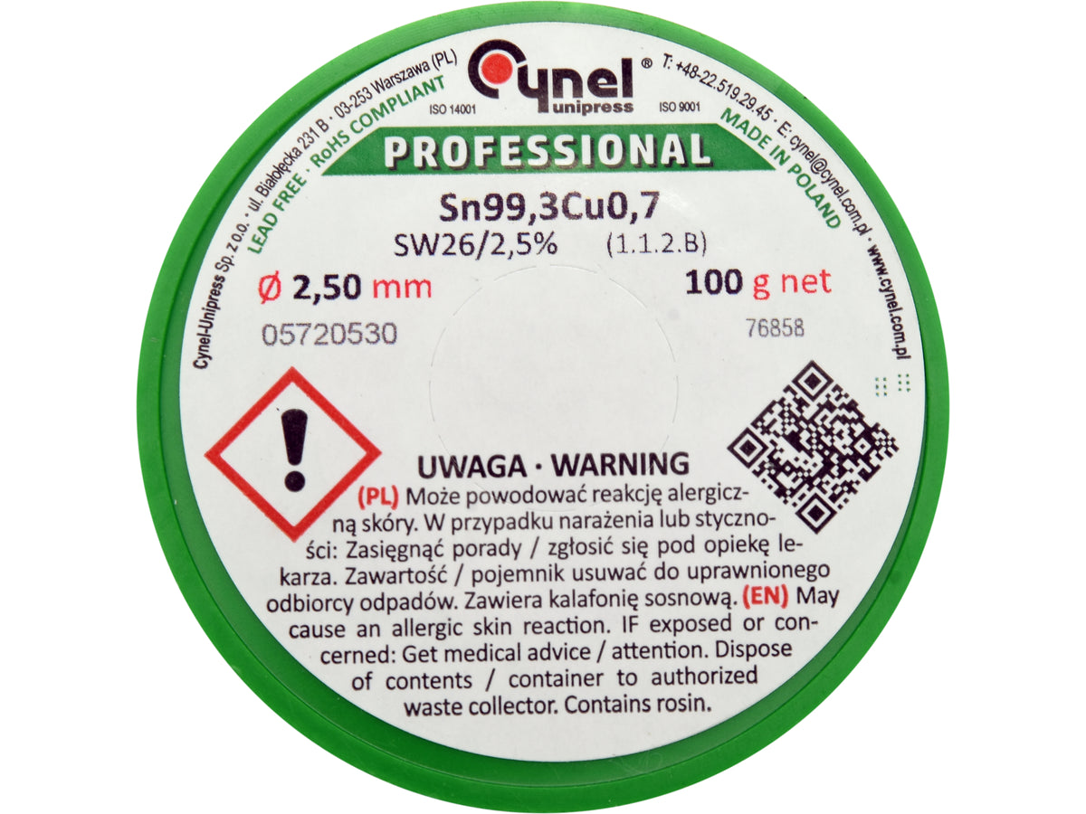 Bindmiddel, Loodvrij Soldeerdraad Met Vloeistof Op Spoel 2,5MM, 100G, Sn99,3cu0.7