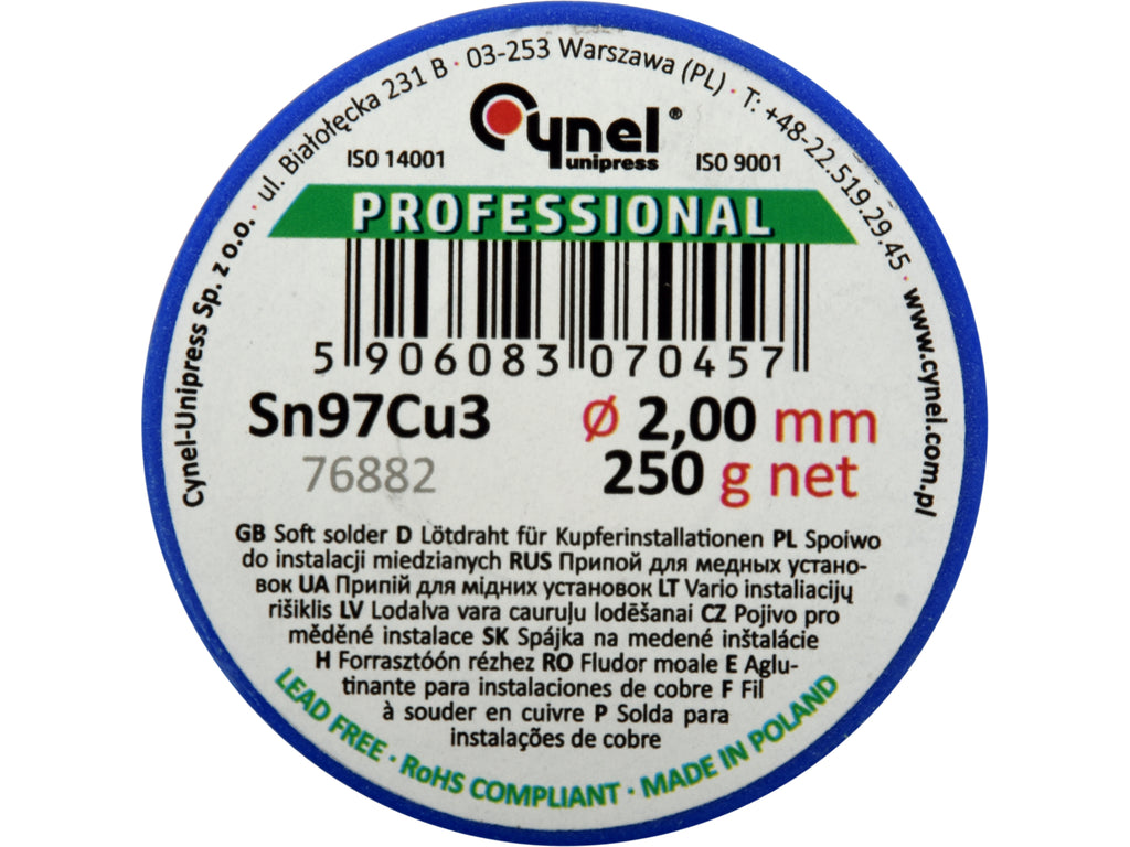 Bindmiddel, Soldeerdraad Voor Koperinstallaties Op Een Spoel 2.0MM, 250G, Sn97cu3