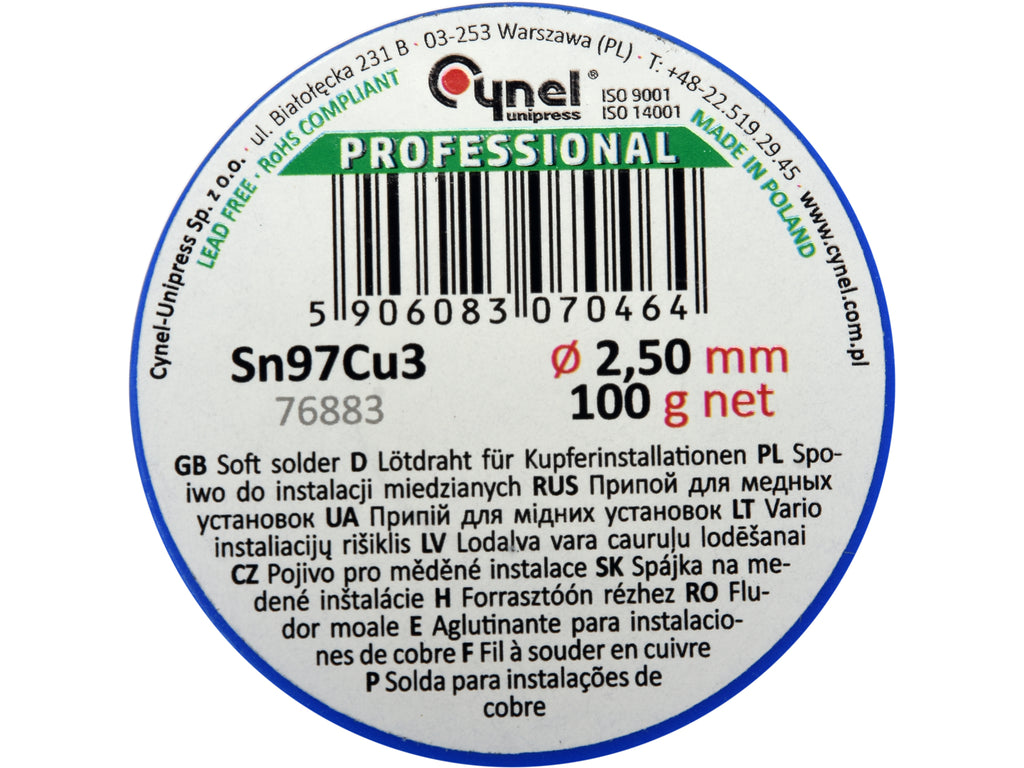 Bindmiddel, Soldeerdraad Voor Koperinstallaties Op Een Spoel 2.5MM, 100G, Sn97cu3