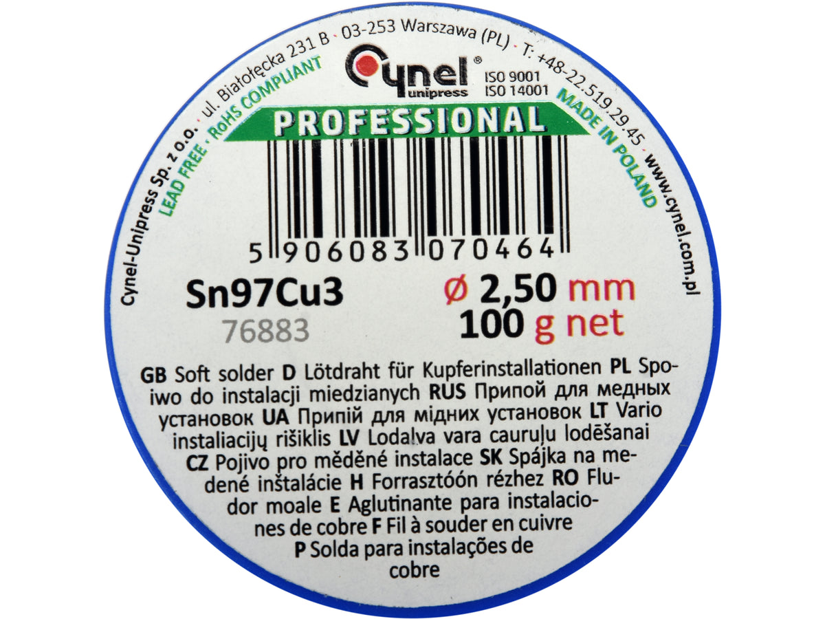 Bindmiddel, Soldeerdraad Voor Koperinstallaties Op Een Spoel 2.5MM, 100G, Sn97cu3