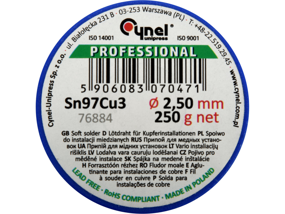 Bindmiddel, Soldeerdraad Voor Koperinstallaties Op Een Spoel 2.5MM, 250G, Sn97cu3