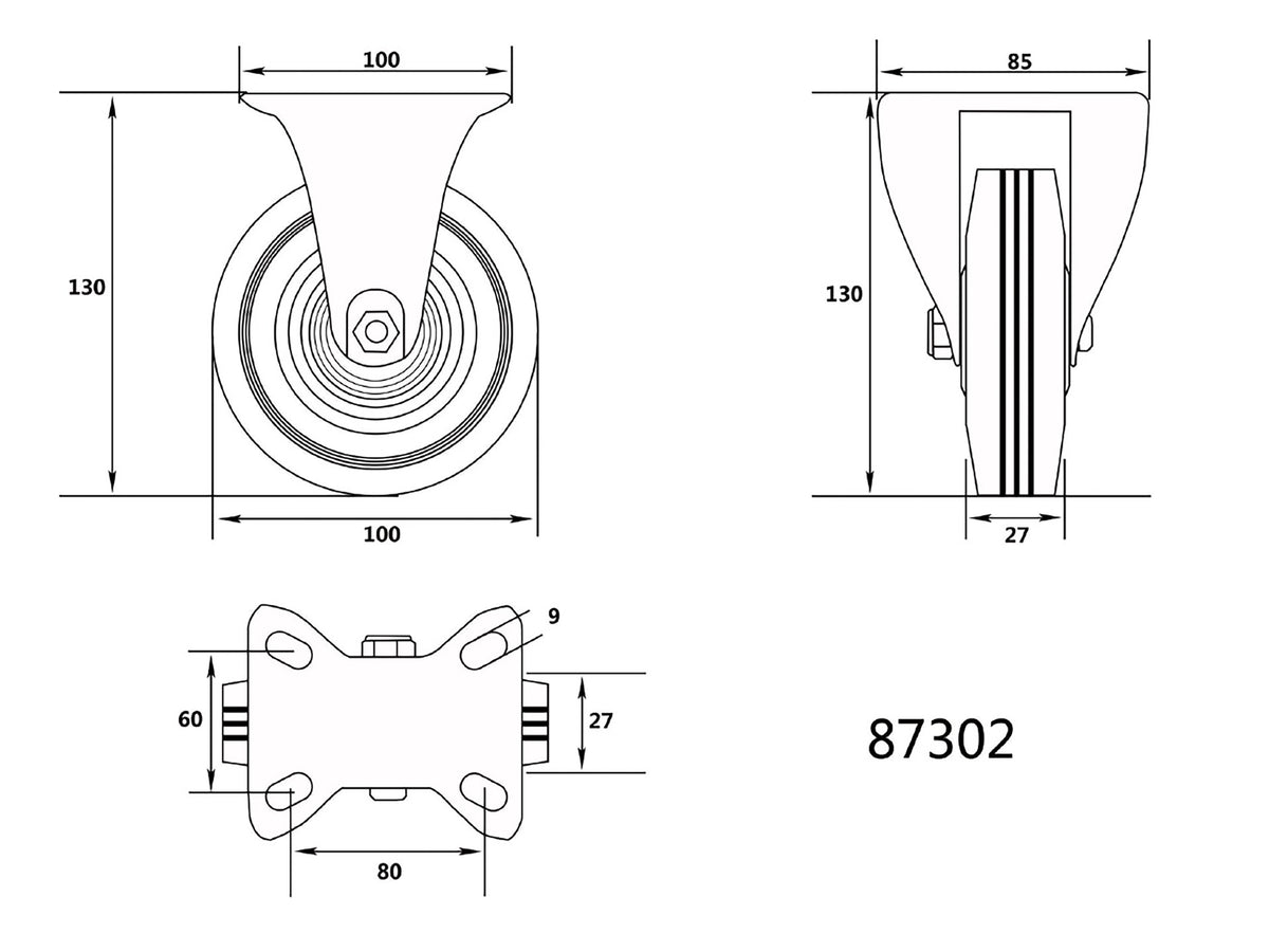 Vast Wiel Met Zwart Rubber 100MM