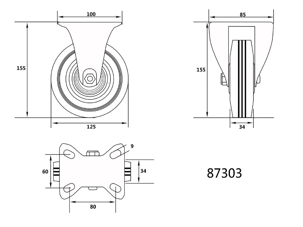 Vast Wiel Met Zwart Rubber 125MM