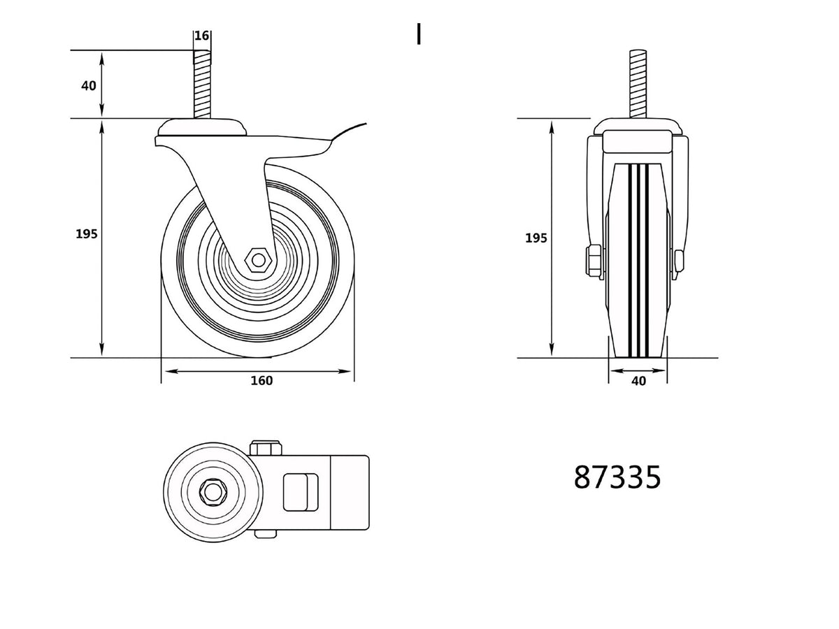 Stuurwiel 160MM Met Zwart Rubber, Rem En Schroefstang, Met Lagers