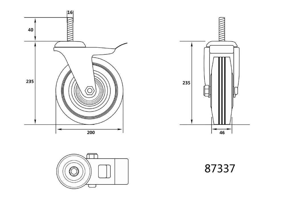Stuurwiel 200MM Met Zwart Rubber, Rem En Schroefstang, Met Lagers