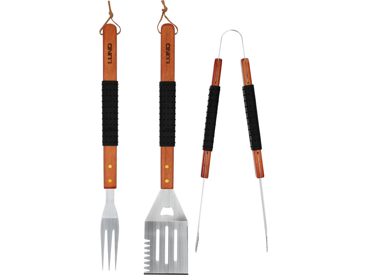 3-delige barbecueset, houten handvat