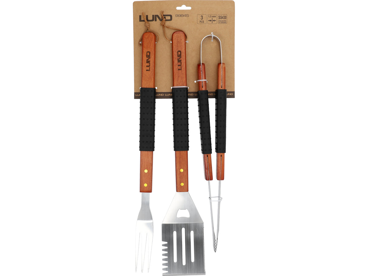 3-delige barbecueset, houten handvat