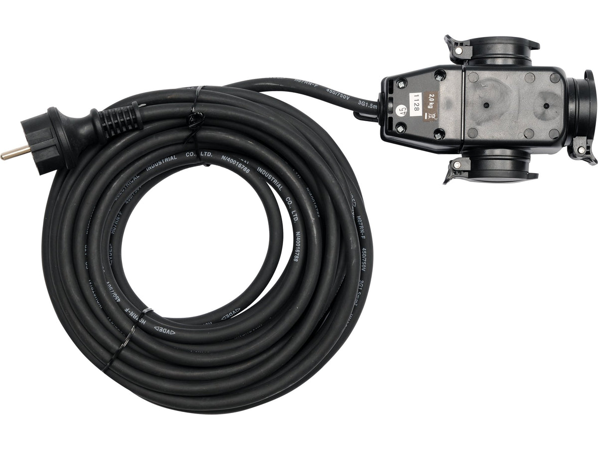 Verlengkabel Met Rubber Afdekking IP44, 10M, 3G1,5MM Met 3-SOCKET Verdeler